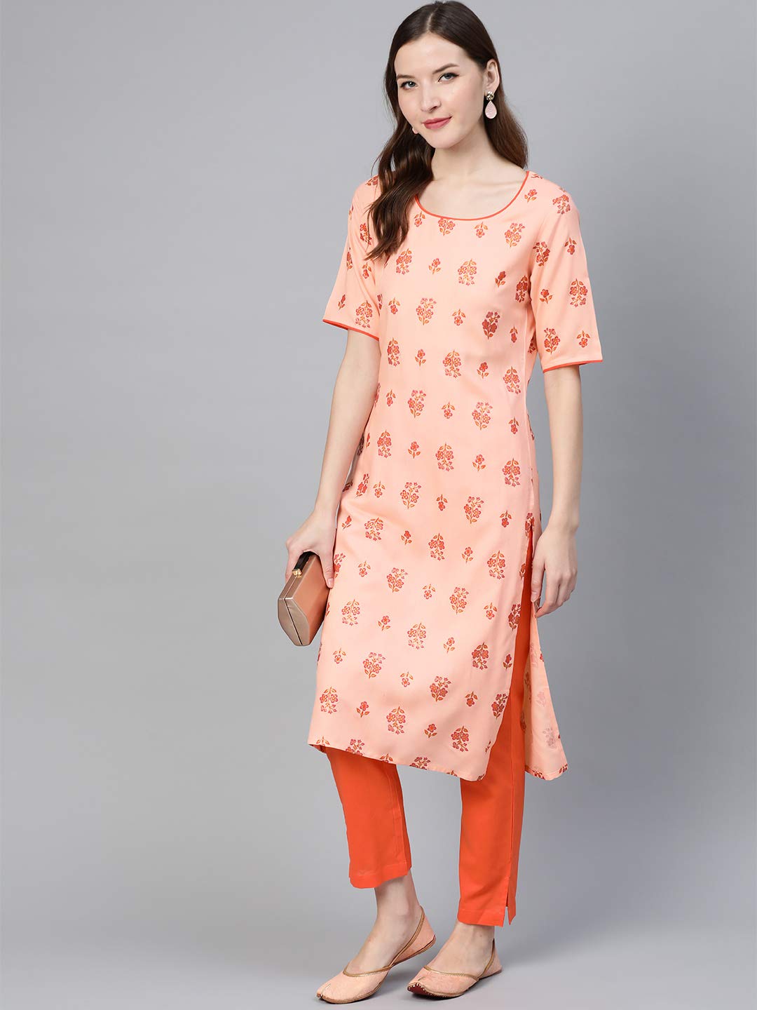 Idalia Women's Orange Rayon Kurta Set With A Pair Of Pants (Orange, S)
