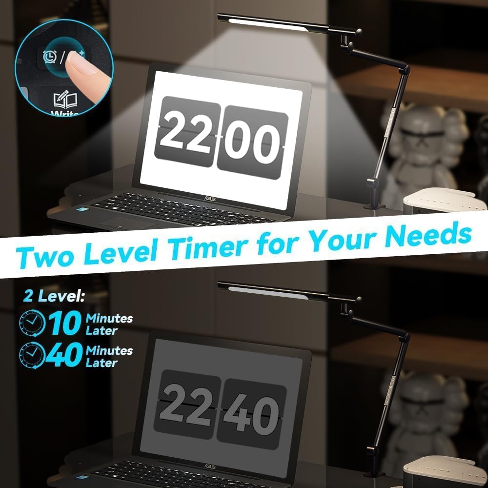 Adjustable LED Desk Lamp Modern Black - Clamp Mount Office Table Light with Desktop Remote Control, Adjustable Brightness & Color Temperature, 5 Lighting Modes for Reading, Computer, DIY