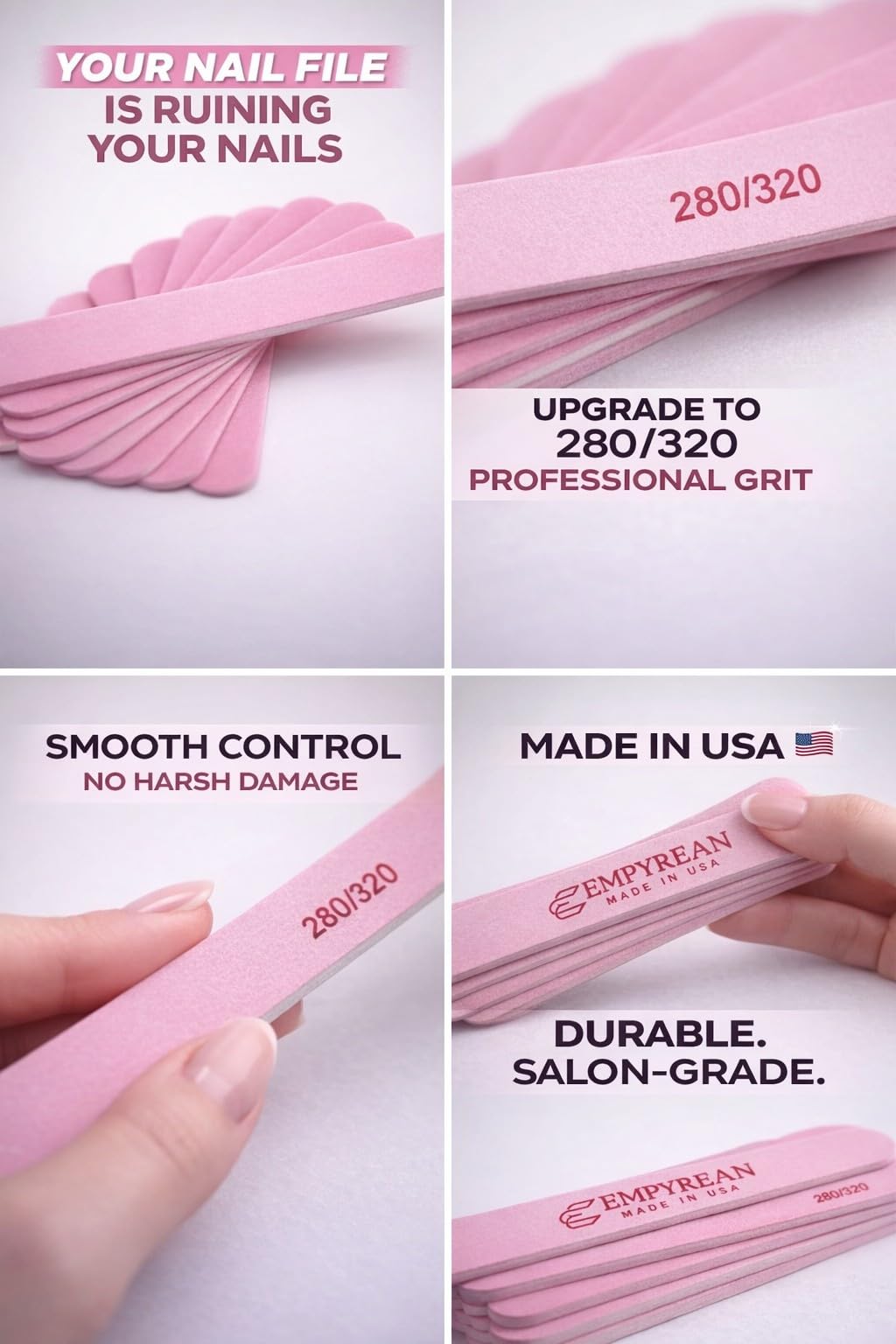 Empyrean - Limas de uñas | Fabricadas en Estados Unidos | Fino 280/320 extra fino | Elección de los profesionales | Desinfectable, lavable reutilizable | Lima de uñas rosa (paquete de
