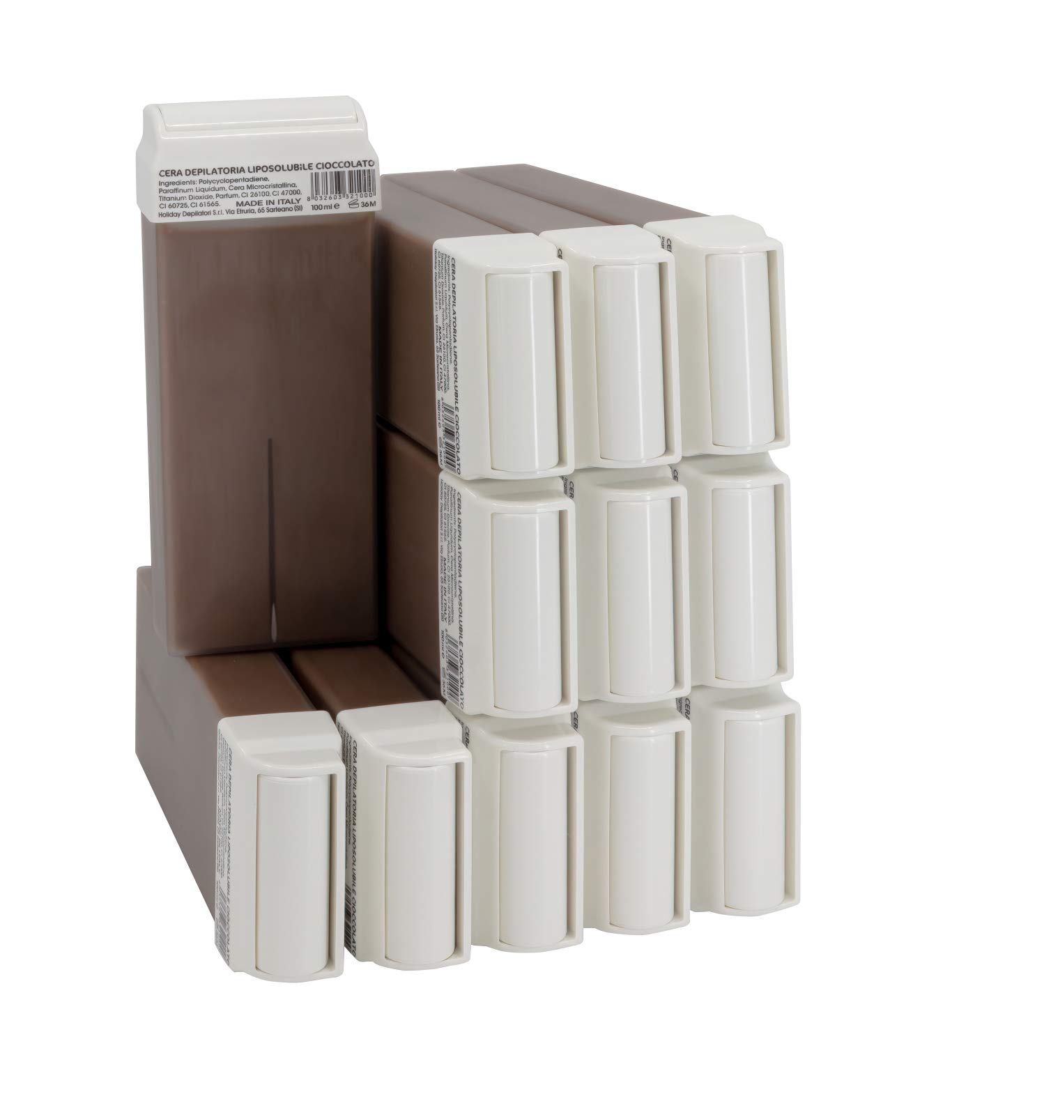 EpilWax - Kit Chauffe Cire Épilation Professionnelle avec 12 x Recharges Roll on Cire au Chocolat, 100 x Bandes d'Épilation et Huile après Épilation - Gamme Solo