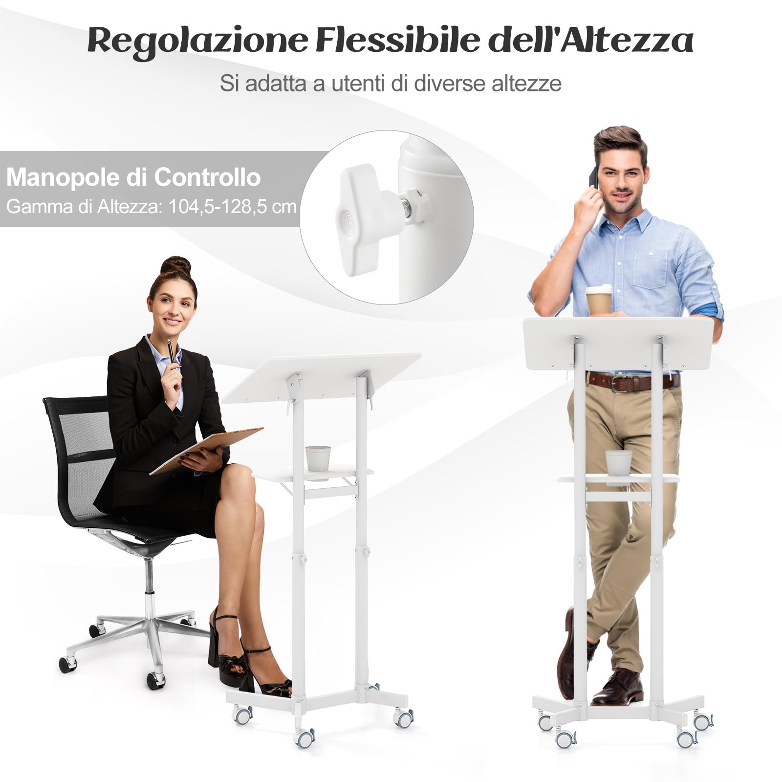 COSTWAY Podio per Conferenze, Pulpito Portatile per Laptop con Piano Inclinabile e Regolabile in Altezza, Vassoio Portaoggetti, Portabicchieri e Ruote Bloccabili (Bianco)