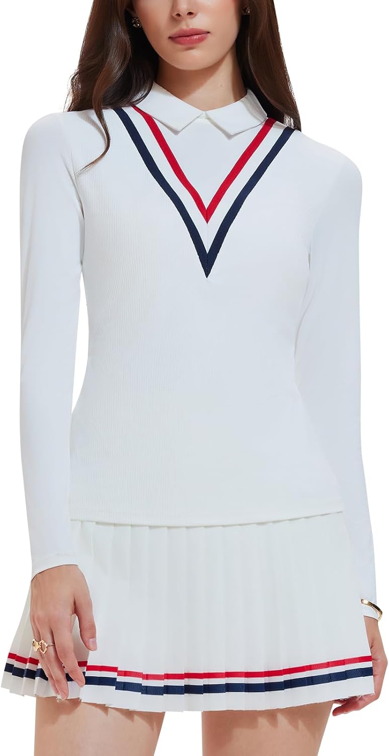 Women's 2 Piece Tennis Skirt Set Long Sleeve, Preppy Polo Top & Pleated Skorts, Fall Winter Athletic Outfits for Pickleball