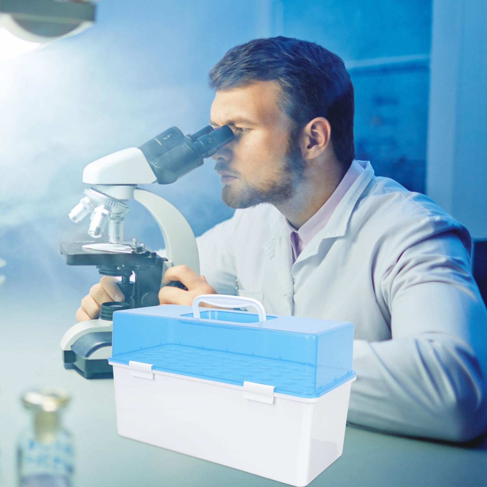 Veemoon Porta Provette Scatola per Stoccaggio Pratica e Liscia in Plastica Blu 50 Fori da Laboratorio per Istituti di Ricerca