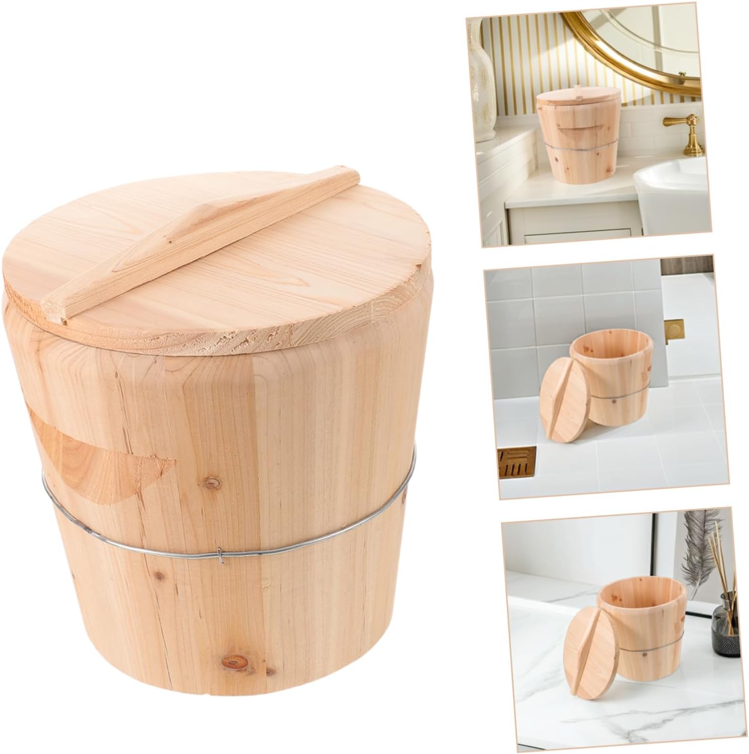 Wooden Towel Heating Bucket with Lid for Spa and Bathroom Use, Classic Retro Style Hot Towel Steamer Barrel, Multipurpose and Easy to Clean Wooden Sauna Accessories in Beige