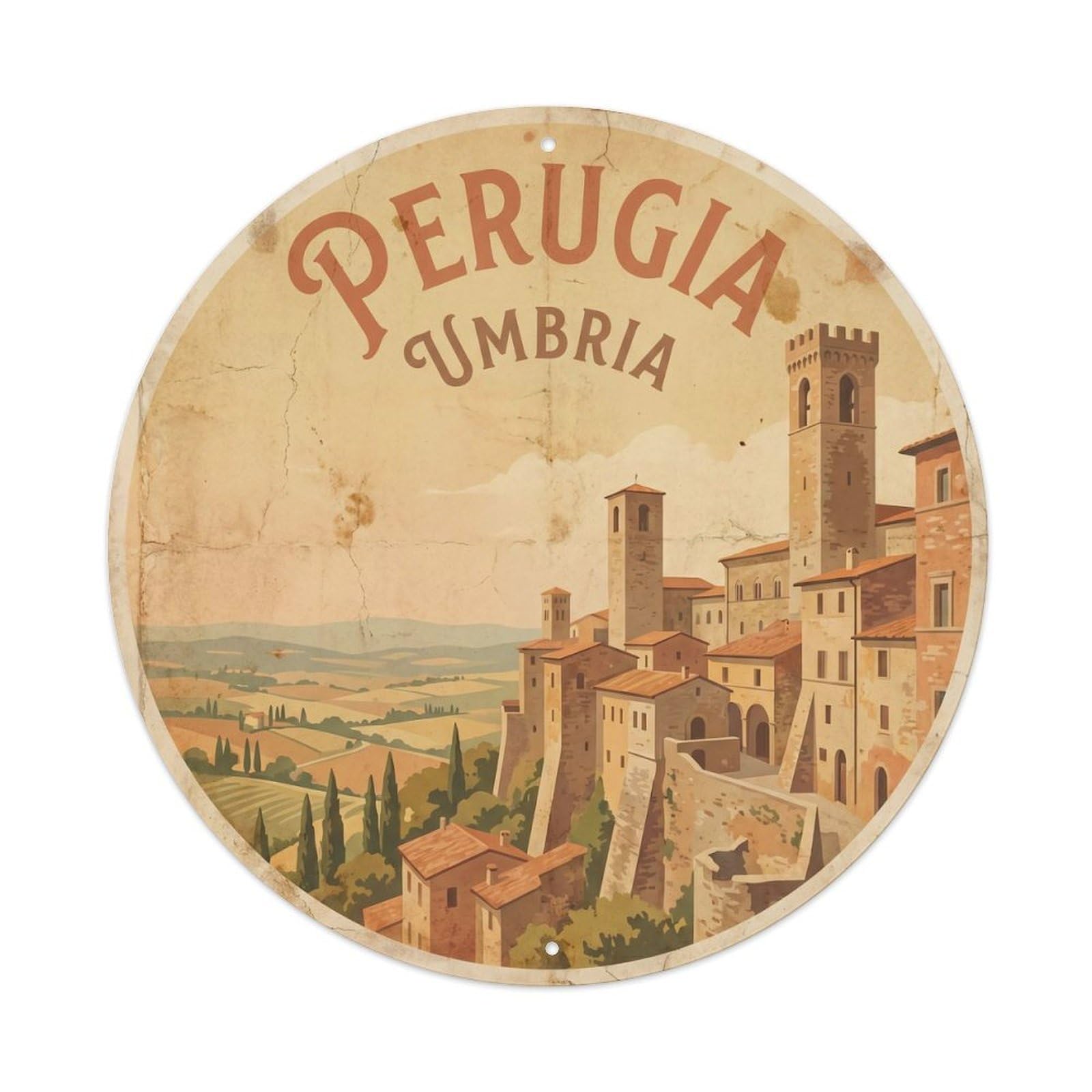 Vintage Travel Perugia Umbria Italy Metal Tin Sign Plaque Wall Decor for Cafe, Club Bar, Office, Home Garden Round Metal Poster 8x8Inch