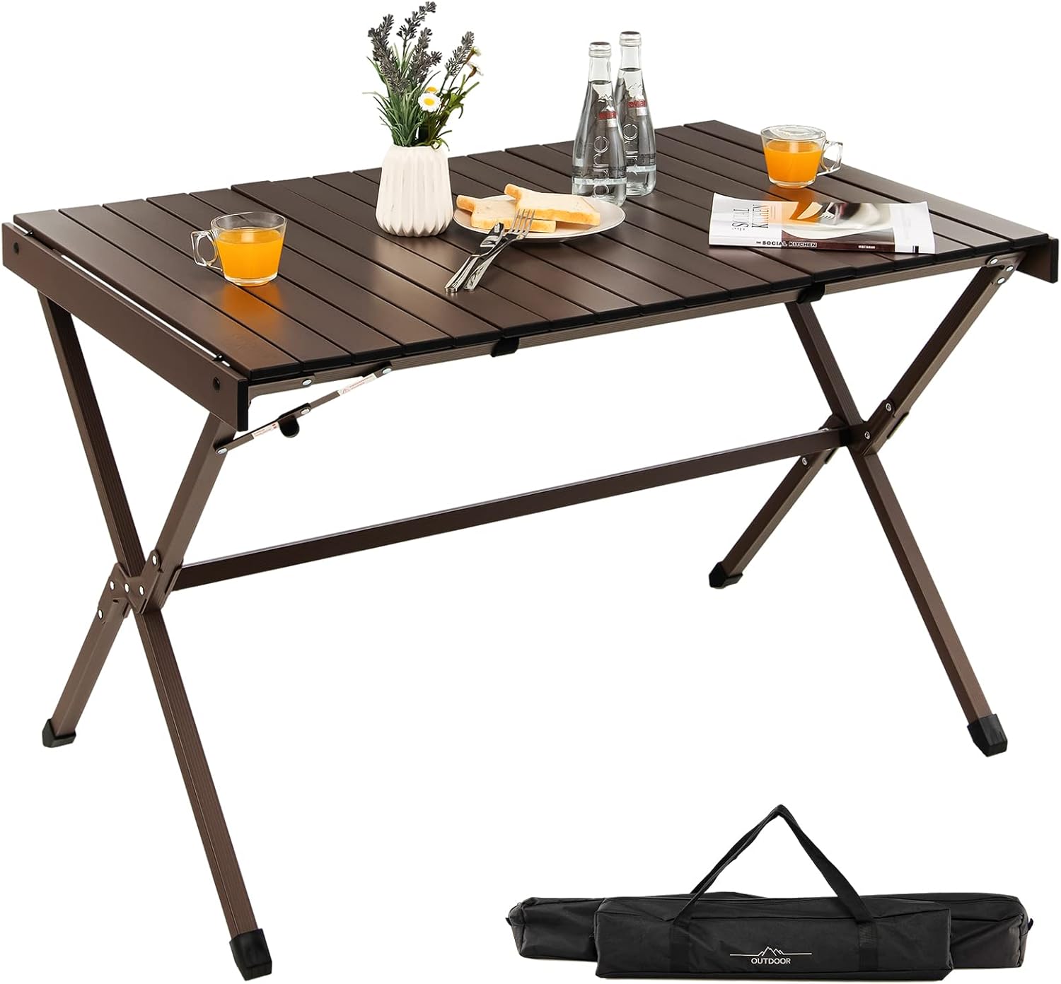 HAPPYGRILL Roll-up Folding Picnic Table Portable Aluminum Camping Table with Safety Latch, Solid Aluminum Frame, Storage Bag Included, Outdoor Lightweight Table for Camping