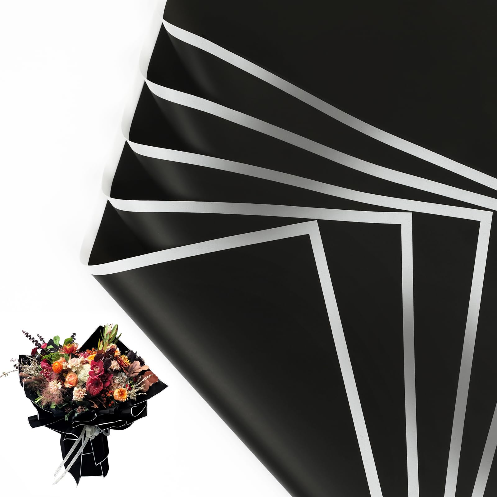 20 Sheet Flower Wrapping Paper - Waterproof Floral Bouquet Wrapping Paper, Florist Supplies Packaging Paper for Wedding Birthday Gift DIY (Dark Black)