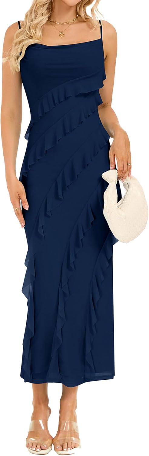 Summer Wedding Guest Dress for Women 2026 Spaghetti Strap Bodycon Maxi Dress Ruffle Formal Cocktail Dresses