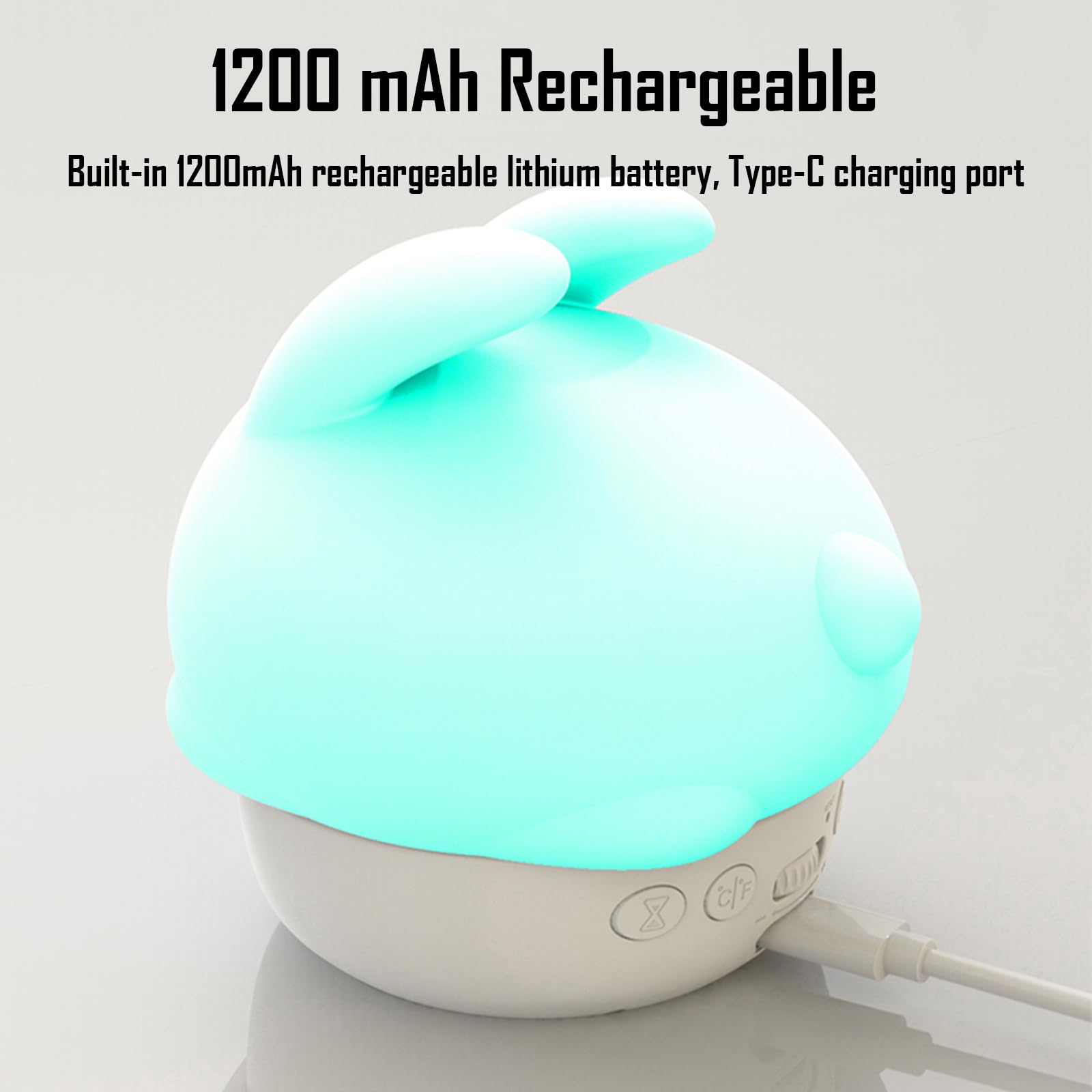 Cute Bunny - Luz nocturna recargable RGB, pantalla de silicona suave, reloj LED de brillo ajustable, fecha, alarma, termómetro, temporizador, control de grifo, lámpara de dormitorio, regalo para niñas