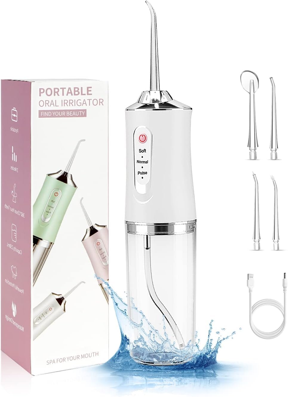 Wireless Oral Irrigator, Cordless Water Dental Floss for Teeth with 3 Modes & 4 Replacement Nozzles, Interdental Cleaner Rechargeable with Removable 230 ml Water Tank for Home, Travel, Shower (White)