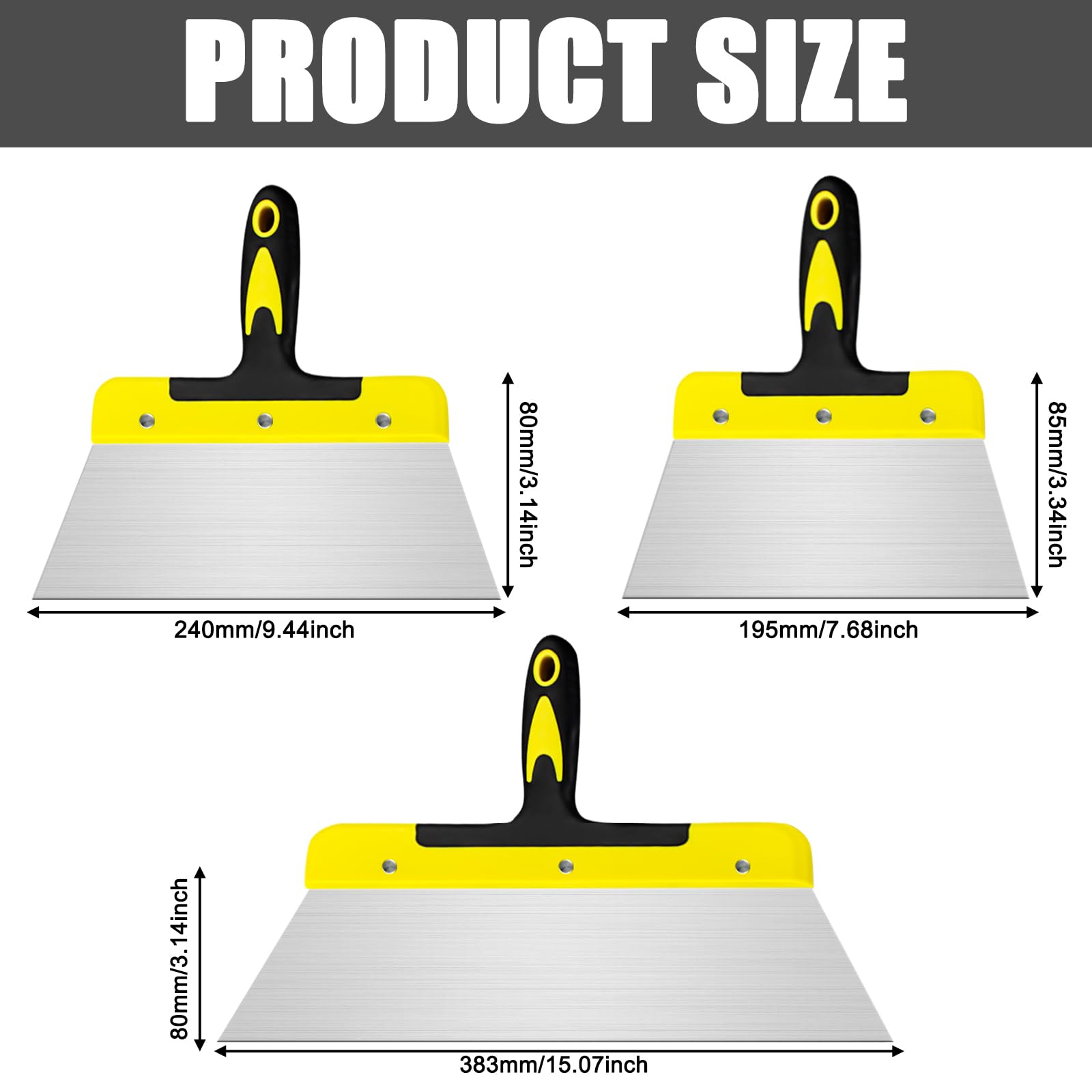 Set di 3 spatole larghe, 20 cm, 25 cm, 40 cm, professionale in acciaio inox, per intonacare pareti