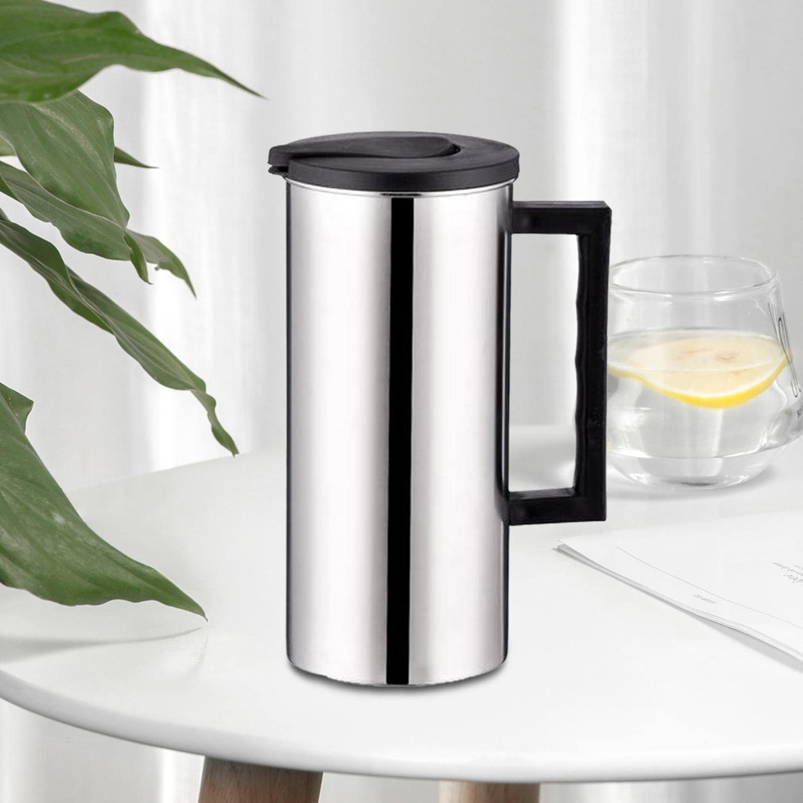 Jarra de Agua Metálica de 1, con Tapa Y Asa, Jarra de Agua, Jarra de Leche Metálica, Hervidor de Agua Fría para El Hogar, Cafetería, Restau, Negro