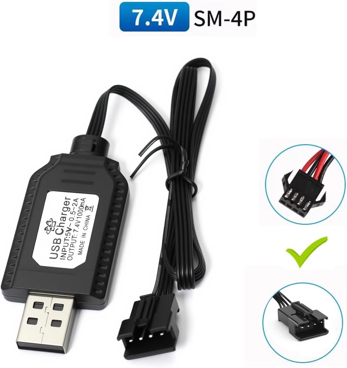 SM-4P USB Charger for 7.4V Li-ion Battery,Compatible with RC Car/Boat/Gel Blaster USB Charging Cable - 2Pack