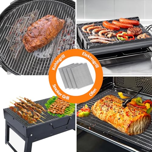 Grillmatte 40 × 30 cm, 4 Stück Antihaft Grillgitter und Grillmatte in Schwarz, Wiederverwendbar, Hitzebeständig Grillmatte für Gasgrill, Holzkohle, Elektrogrill, Luftfritteuse