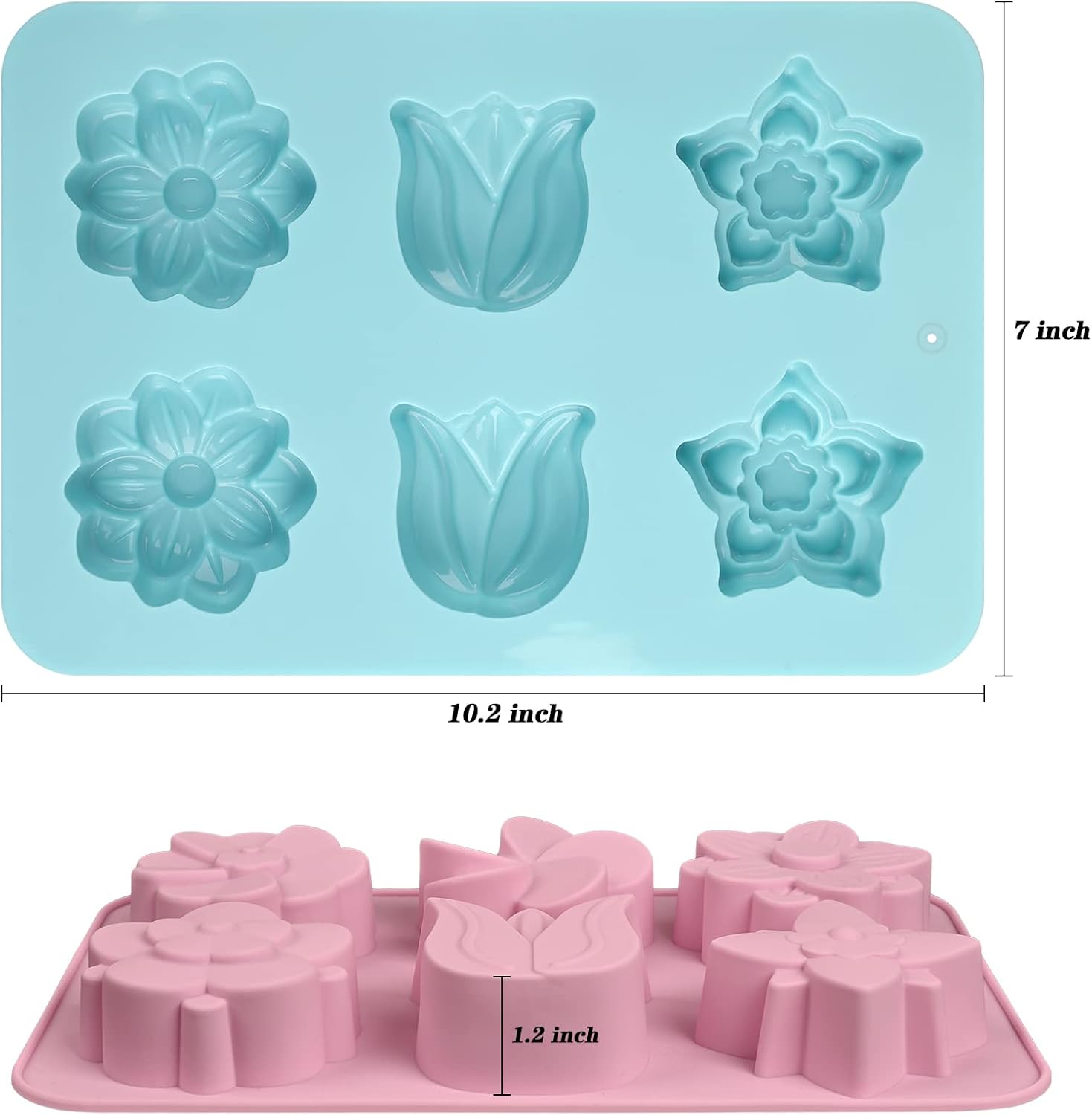 Sakolla 6-Cavity Flower Soap Molds Silicone, 2 Pack Tulip Different Flower Shapes Silicone Molds for Soap, Lotion Bar, Bath Bombs, Chocolate, Candy Baking Molds Jelly, Ice Cube Tray Tulip Flower/Pink & Blue