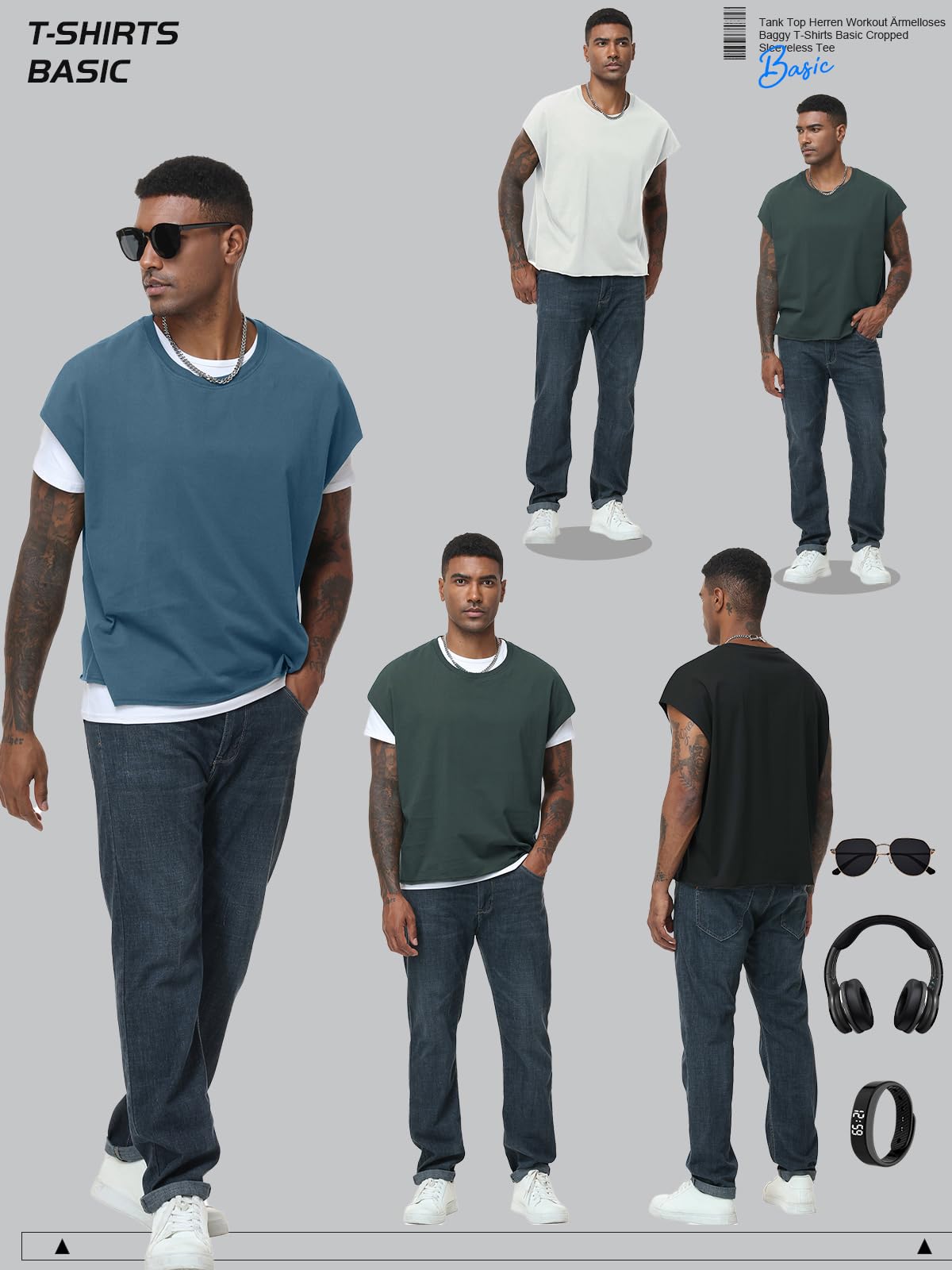Tank Top Herren Ärmelloses Baggy T-Shirts Basic Cropped Sleeveless Tee