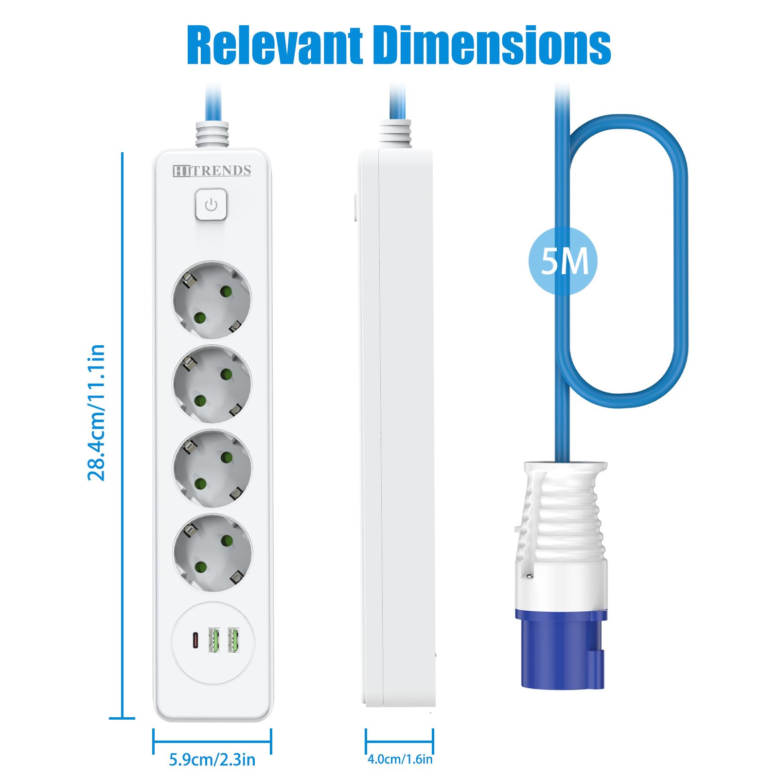Multiprise CEE 4 prises avec fiche 3 broches - 10 A 220 V 2500 W - Câble de camping de 5 m (3 x 1,5 mm², câble flexible bleu) - Coupleur de contact de protection pour camping, caravane, tente - Blanc