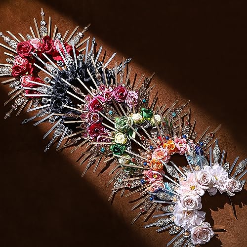 COSUCOS Roses Halo Crown Handmade Goddess Green Rose Headpiece with Crystal Gold Sunburst Headband Spiked Tiaras for Women Fairy Flower Headdress Renaissance Cosplay Hair Accessories