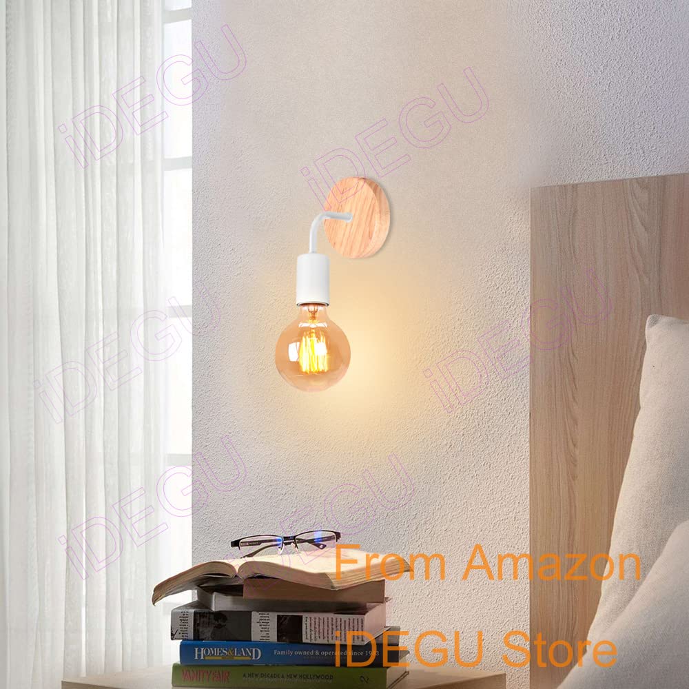iDEGU Lot de 2 Appliques Murale Interieur Lampes Murale en Métal et Bois E27 Éclairage Mural pour Chambre, Salle de Bains (Support Bois - Blanc)