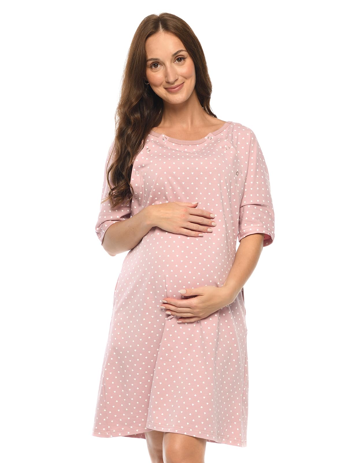 MijaCulture Vestido de maternidad 3 en 1, camisón de maternidad 4128 (S, rosa/con corazones)