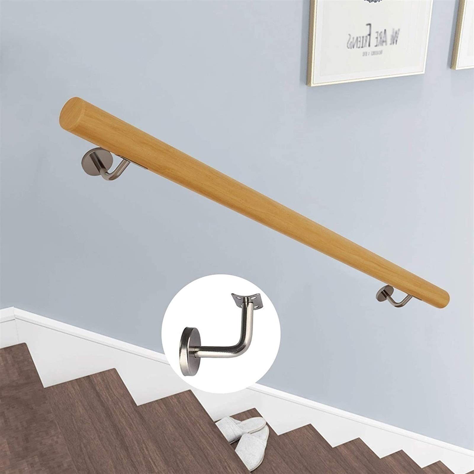 Main courante d'escalier en pin massif de 220 cm avec support mural