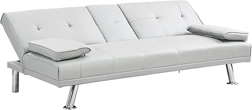 Miniatura 6 de Moderno sofá cama plegable convertible tapizado, sofá cama convertible, sofá biplaza con patas de metal, 2 portavasos, reposabrazos extraíbles para