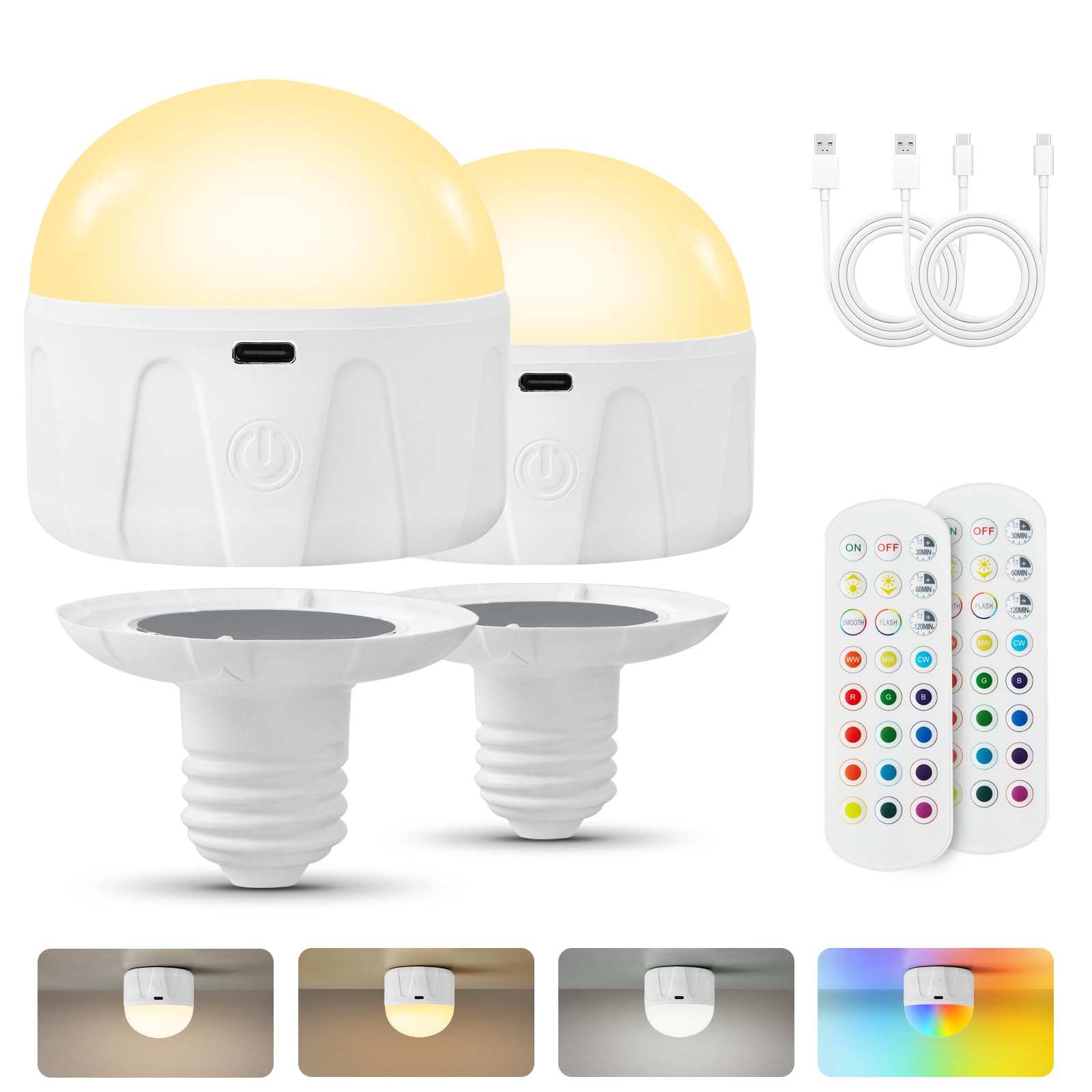 Bombillas recargables con control remoto, 2000 mAh, magnéticas, alimentadas por batería, bombilla LED E26 con temporizador para lámparas/candelabros/camping al aire libre, 3 temperaturas de