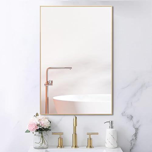 Miniatura 32 de Espejo de baño negro de 24 x 36 pulgadas, sin cobre, espejo de tocador con marco de aleación de aluminio, espejo rectangular montado en la pared