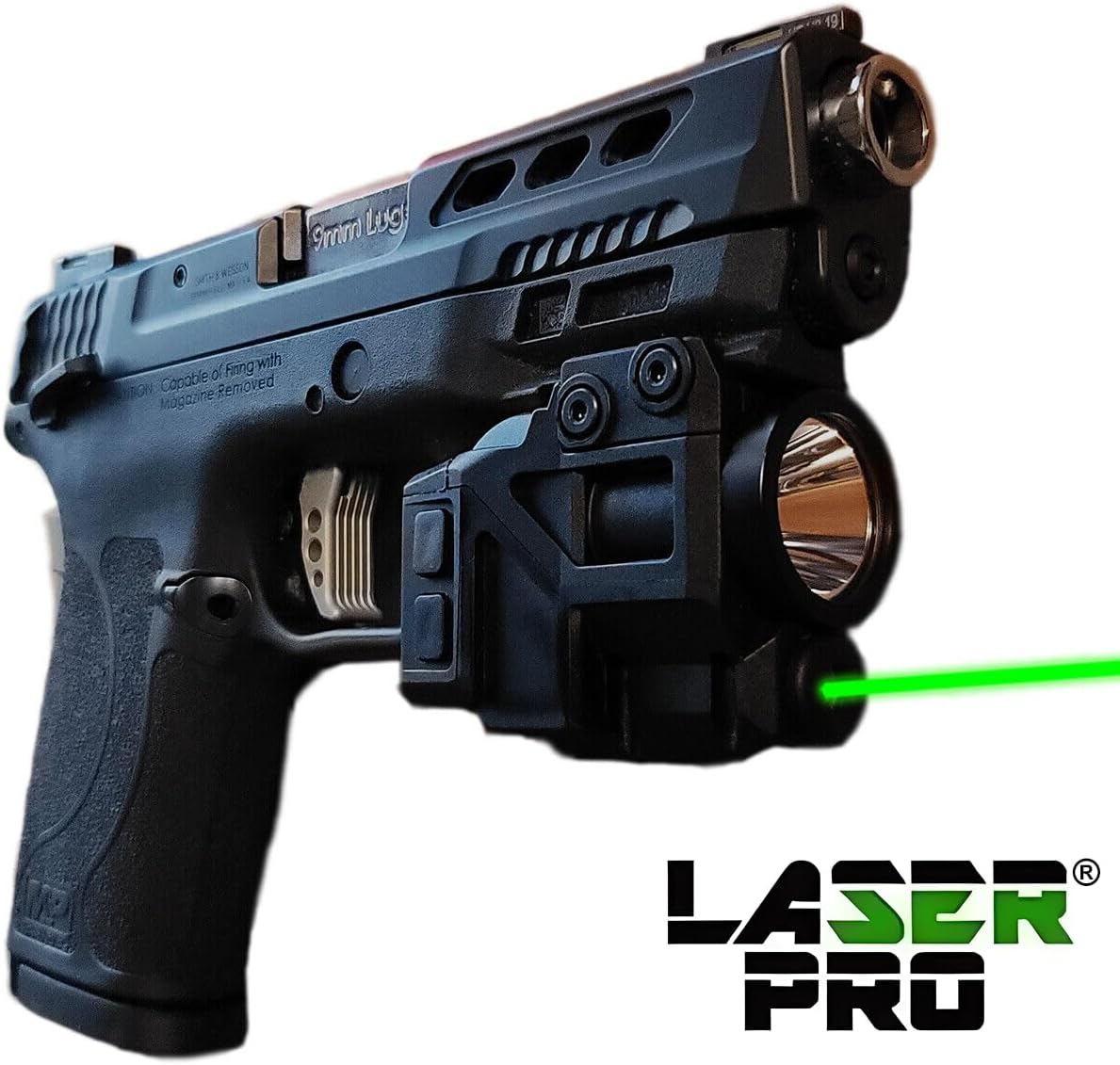 LASERPRO® Green Rechargeable Laser Sight w/LED Light for S&W Pistols w/Rails: EZ Shield, Equalizer, SD9VE, SD40VE, and M&P 22, 22X, 5.7, M2.0, 10mm, 9mm