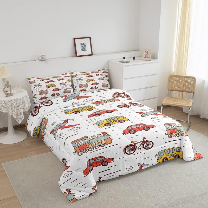 Miniatura 2 de Juego de ropa de cama con estampado de caricaturas para niños, tren y avión, juego de edredón para niños y niñas, decoración de autobús, bicicleta,