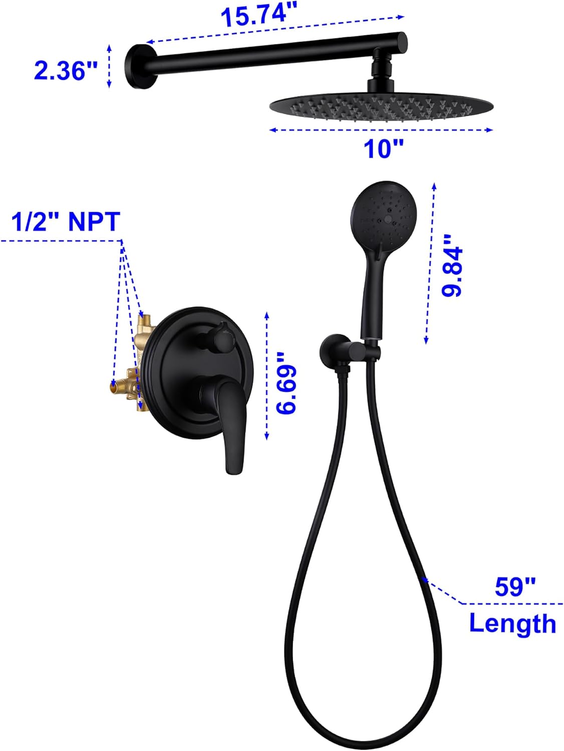 Diagram showing the dimensions of the shower system components: 15.74 inch shower arm, 10 inch shower head, 9.84 inch handheld shower, 59 inch hose length, and 6.69 inch valve height.