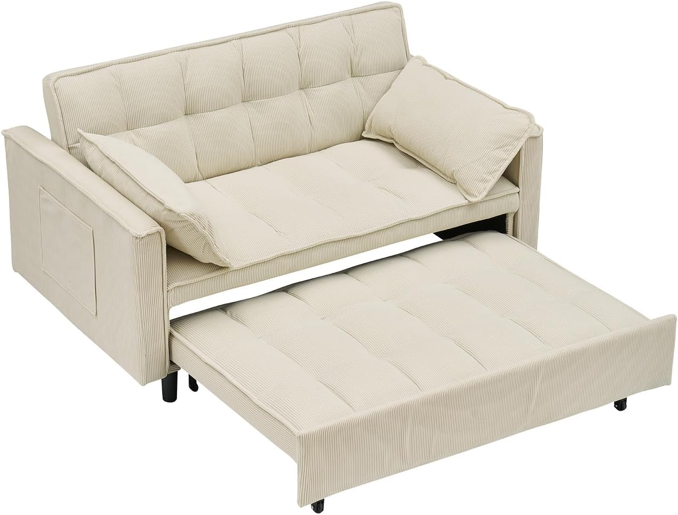 Antetek 3 in 1 Convertible Sleeper Sofa Bed, Modern Corduroy Loveseat Futon Couch w/Pullout Bed, Small Love Seat Lounge Sofa w/Reclining Backrest, Toss Pillows, Furniture for Living Room, Beige