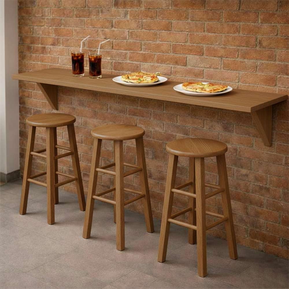 Taburete de madera con asiento redondo h 68 nogal claro patas rectas