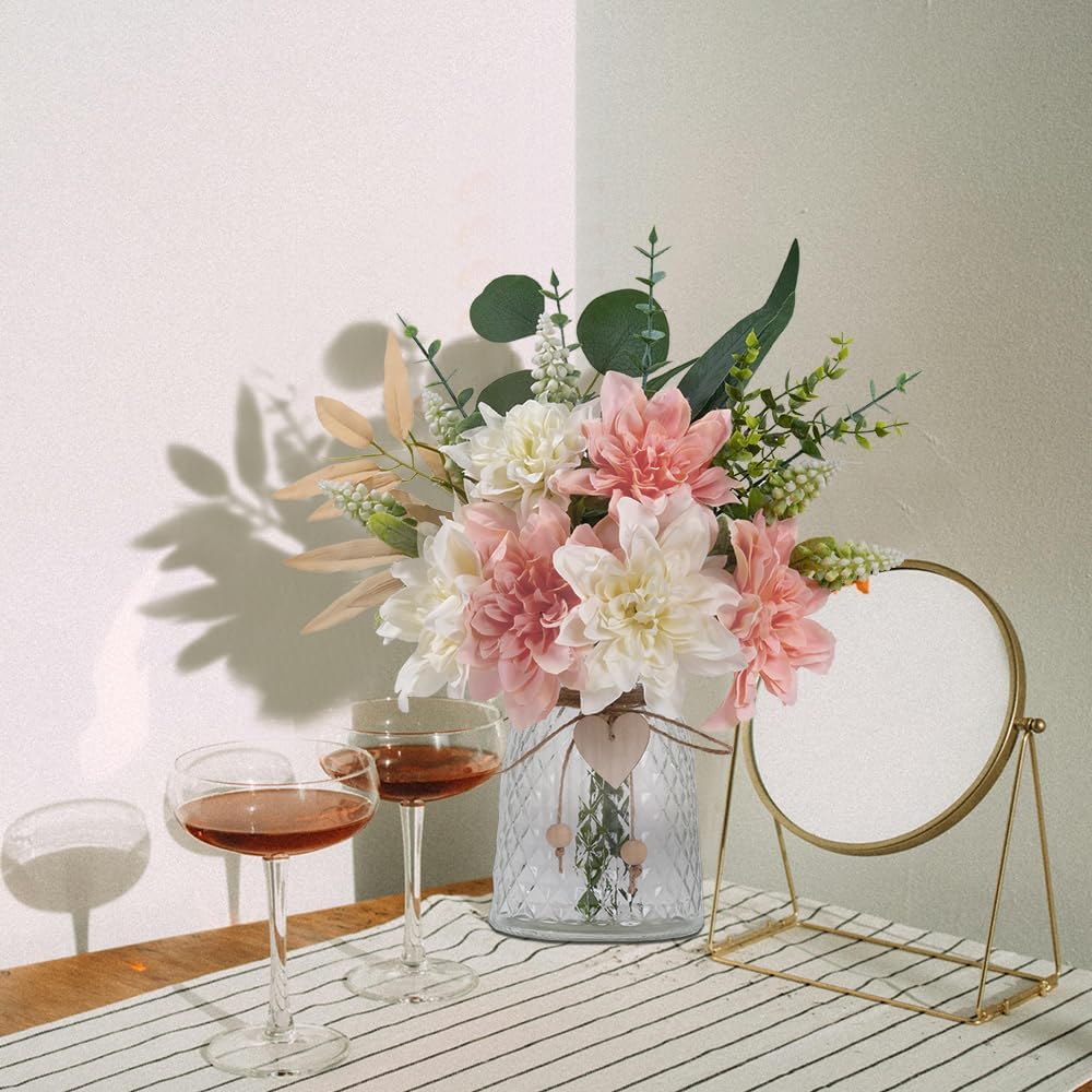 Fake Flowers with Vase Silk Flowers in Vase Dahlia Flowers Arrangement Suitable for Home Office Decoration, Dining Table Centerpiece (Dahlia-White Pink)
