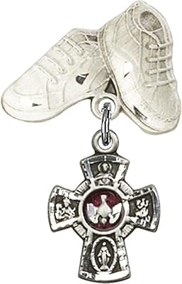 Sterling Silver Baby Badge with Red 5-Way Charm and Baby Boots Pin 1 1/8 X 5/8 inches