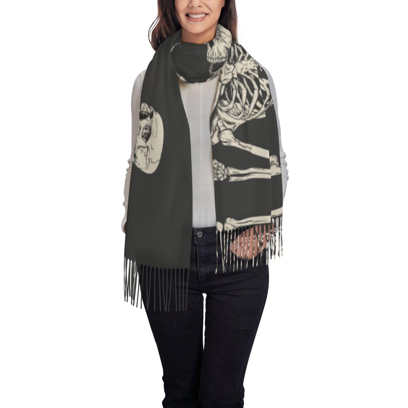 Ouyniei Women's Skull Rock Roll Skeleton Bone Stylish Printed Scarf For - Soft Fringed Shawl Wrap, Winter Fashion Accessory & Gift