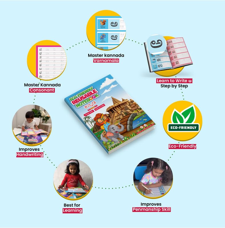 Image of Shopndia Kannada Combo Eco-Friendly Reusable Set of 4 Notebooks for Kids Handwriting and Learning Skills Improvement | Kannada Alphabets, Hindi, Mathematics | Educational Gift for Age 3+ (Free Pen)