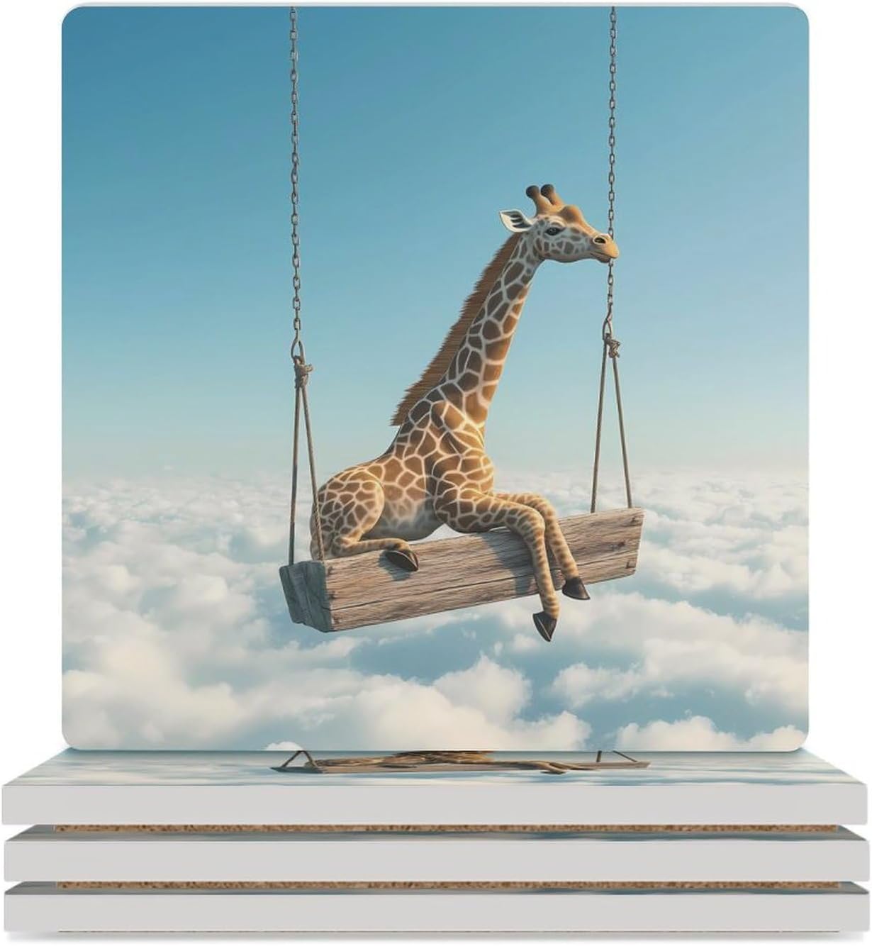 Giraffe Swinging Funny Ceramic Coasters for Drinks Absorbent Cup Holder Tabletop Protector with Cork Base