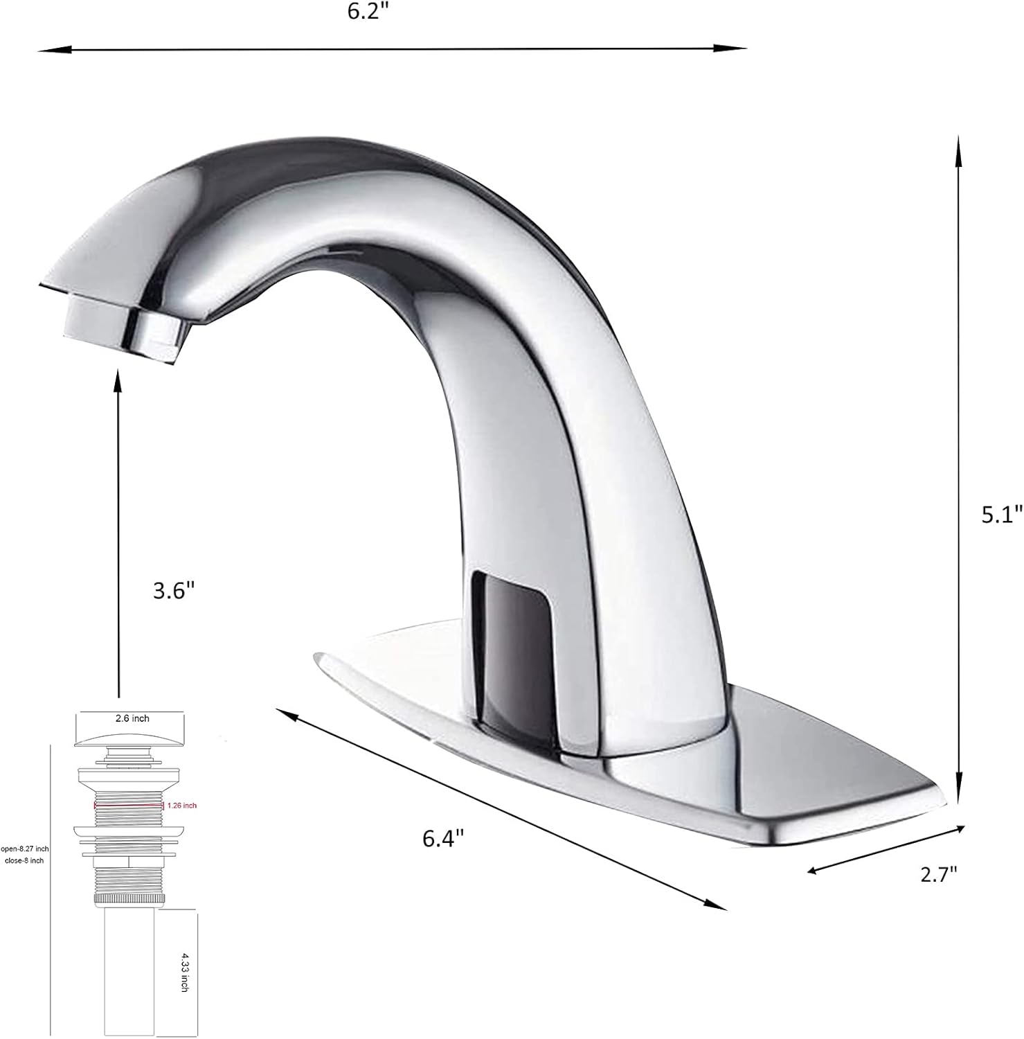 Automatic Sensor Touchless Bathroom Sink Faucet Chrome Pop Up Drain with Overflow Include Electronic Bathroom Faucet Motion Activated Hands-Free Vessel Sink Tap Brass Battery or Plug Powered
