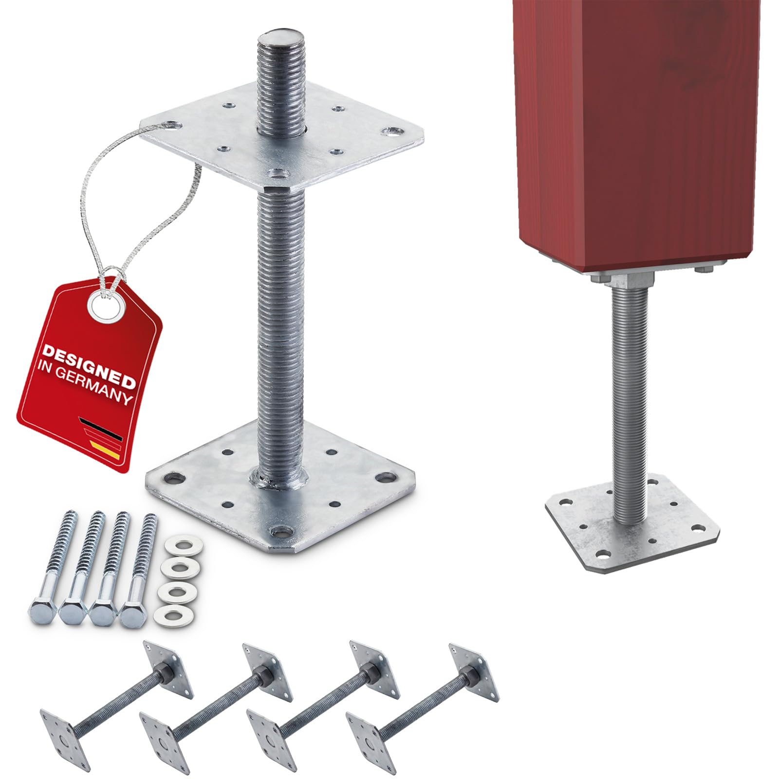 SOTECH Juego de 4 soportes para postes 110 x 110 x 250 mm rosca M24 soporte de acero galvanizado en caliente base de poste regulable en altura para atornillar resistente a la intemperie