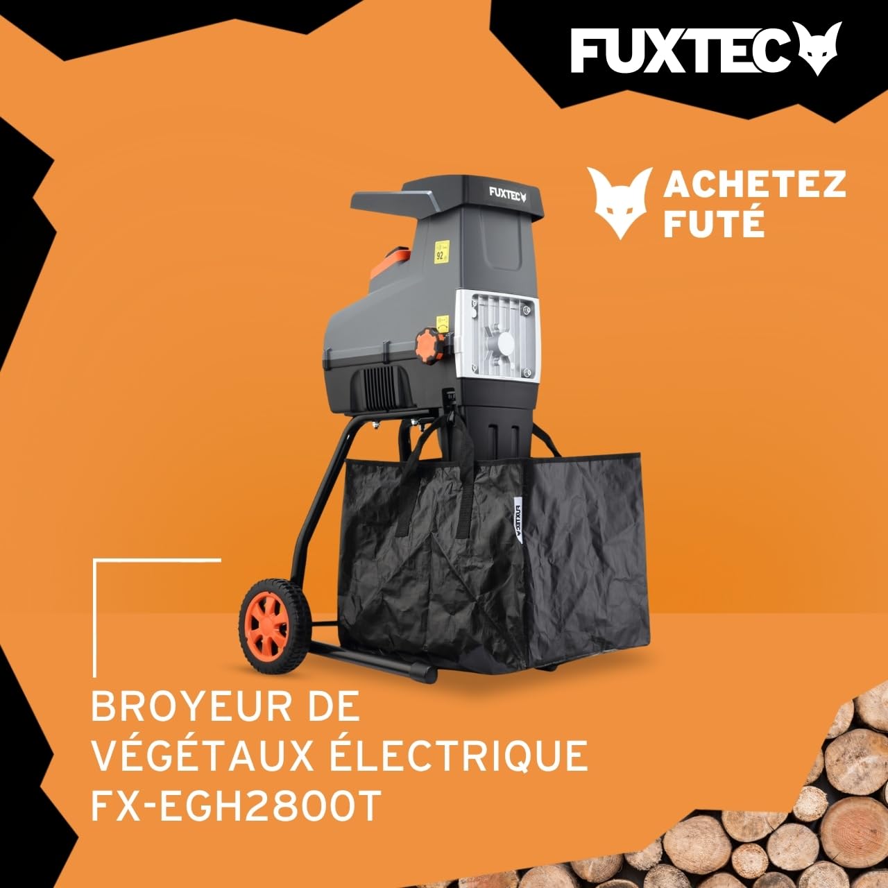 FUXTEC Broyeur de végétaux électrique FX-EGH2800T – 2800W – Système à rouleaux silencieux 92 dB – Branches Ø 44 mm – Sac toile 60 L – Marche arrière – Protection surcharge IPX4