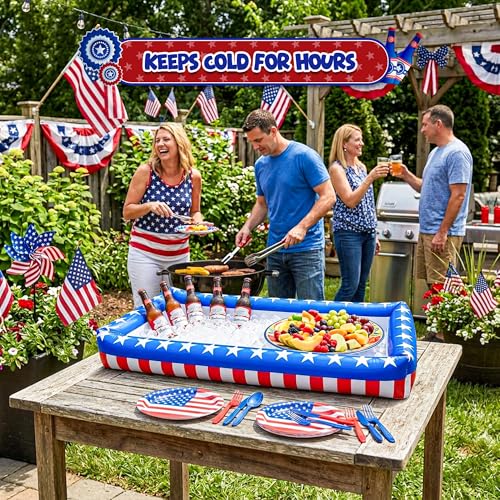 2 Pack Patriotic Inflatable Serving Bar Ice Buffet Cooler Salad Serving Trays - 4th of July Party Supplies, Independence Day Fourth of July Party BBQ Cooler Indoor Outdoor Picnic Pool Party by 4E's Novelty - Used condition - Image 2