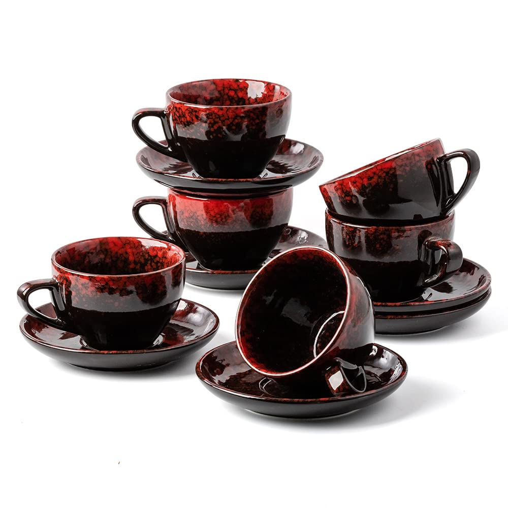 Porcelain Cappuccino Cups with Saucers, Set of 6，SIDUCAL 7.5 Ounce Ceramic Espresso Mugs Cups for Ca