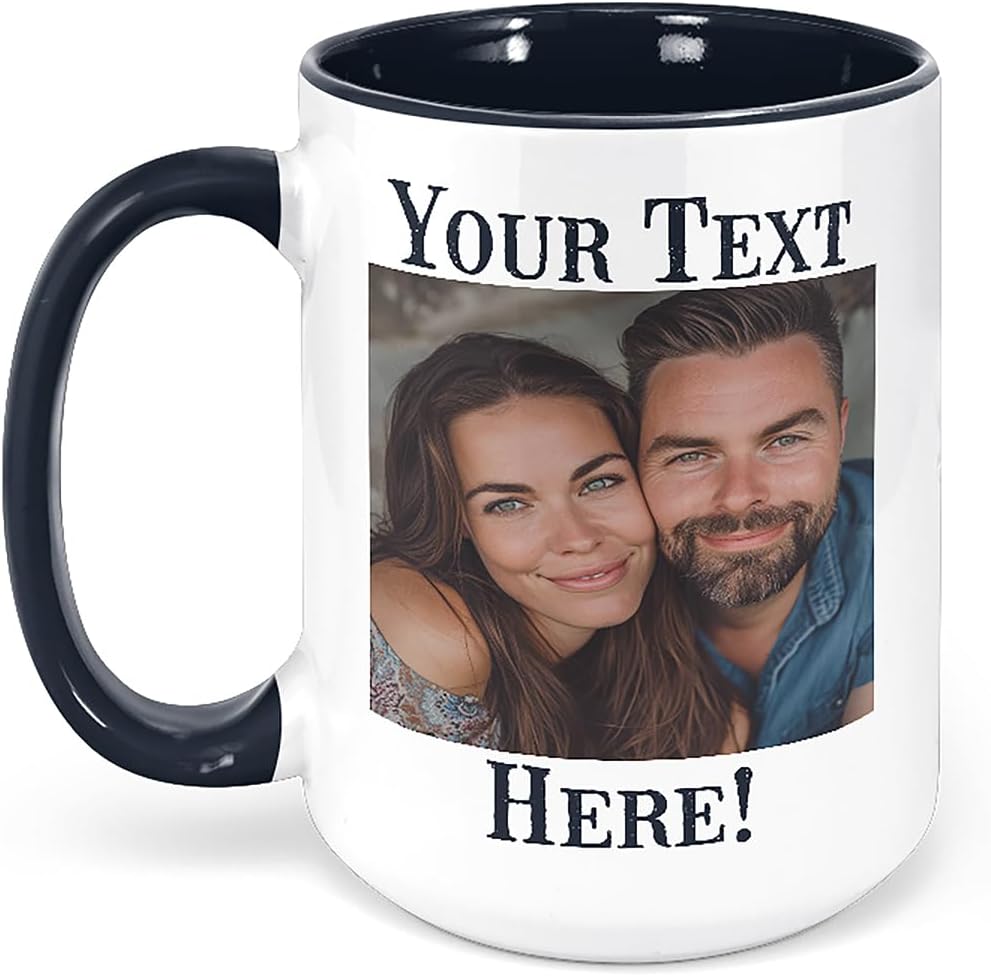 Personalized 15oz Black Ceramic Coffee Mug - Custom Photo, Text, Logo | Mother's Day, Birthday Gift for Men, Women