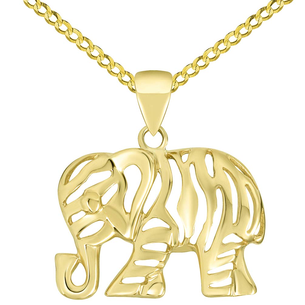 Polished 14K Yellow Gold Elegant Elephant Charm Animal Pendant with Cable, Curb, or Figaro Chain Necklaces