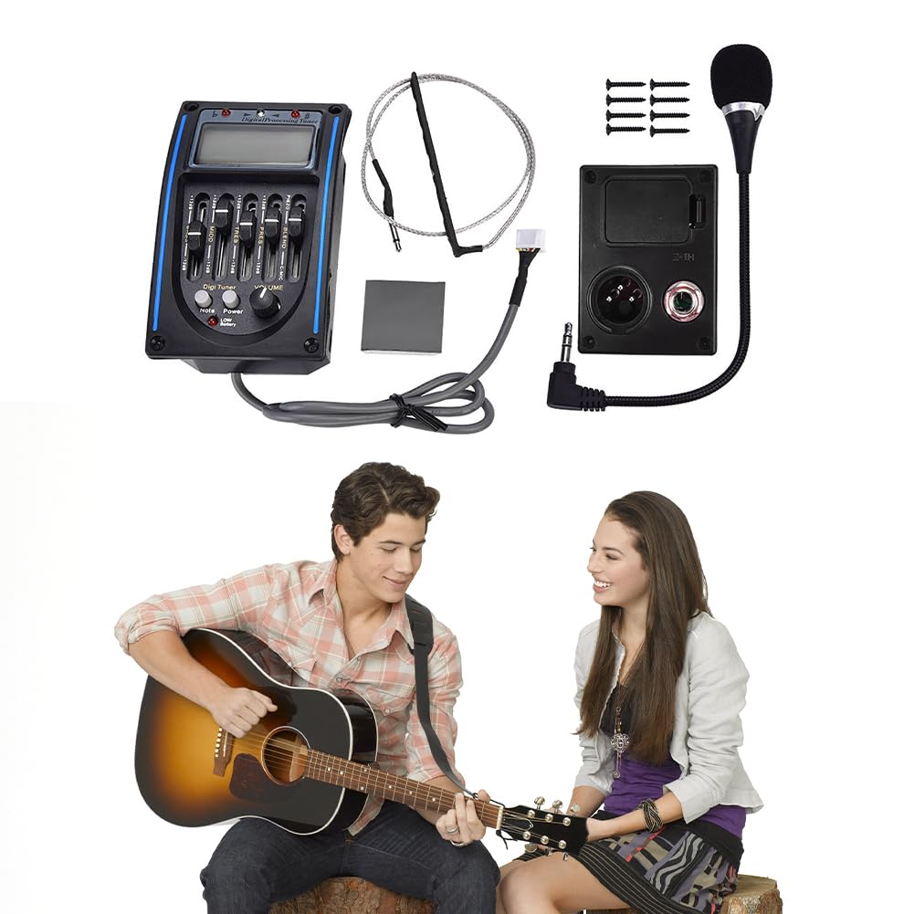 Guitar Pickup Equalizer, Préampli Guitare Acoustique Piezo Micro Digital 5 Bandes Tuner Avec écran LCD Classique Replacement Acouique EQ Accordeur Piézo-électrique égaliseur D'égaliseur L'affichage