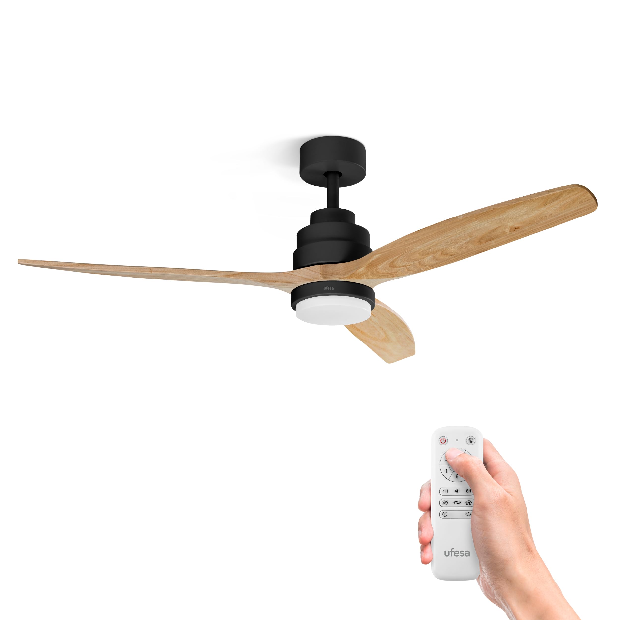 Ufesa Ventilador de Techo con Luz LED, 40W, 6 Velocidades, Ultra Silencioso, 3 Aspas Madera Natural 132cm, Función Verano - Invierno, Temporizador 8h, 3 Niveles Luz, Mando a Distancia, Negro - Haya