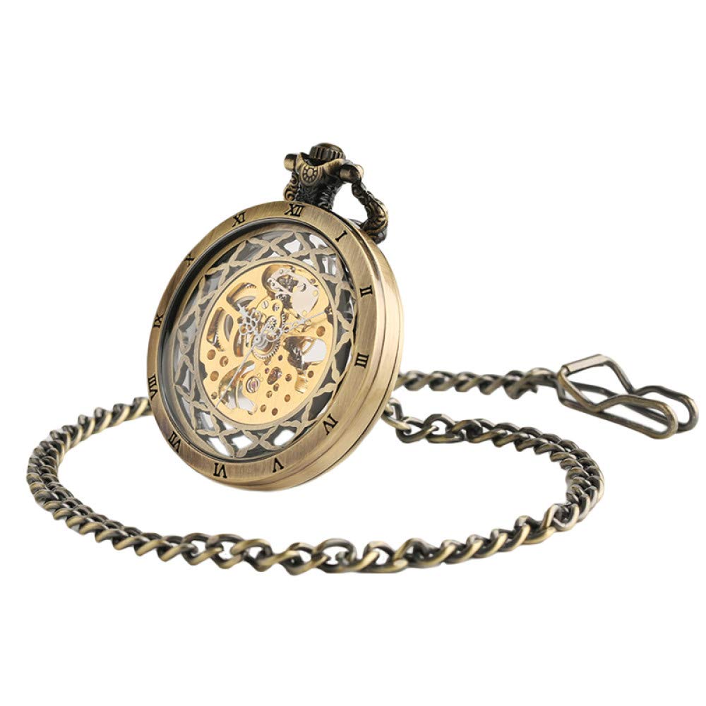 Pocket Watch Retro Bronze Mechanische Taschenuhr transparent offenes Gesicht einzigartige Coole Vintage -Uhr -Geschenke für Männer Frauen mit Kette