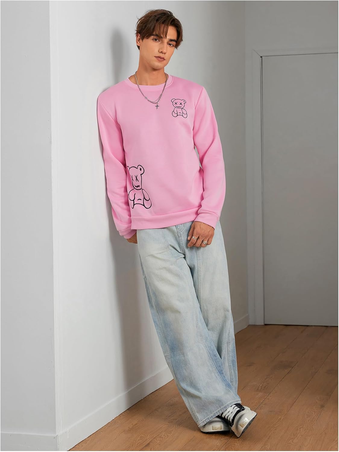 GORGLITTER Men's Bear Graphic Sweatshirt Anime Long Sleeve Crew Neck Drop Shoulder Pullover Tops - Image 2