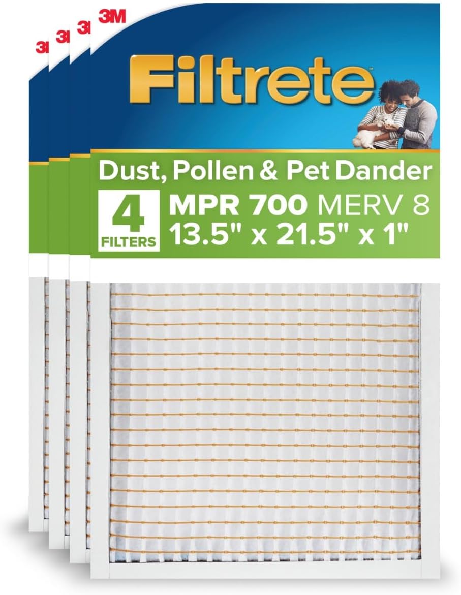 Filtrete 13.5x21.5x1 AC Furnace Air Filter, MERV 8, MPR 700, Tough on Pollen, Easy on Airflow, 3-Month Pleated 1-Inch Electrostatic Air Cleaning Filter, 4-Pack (Actual Size 13.187 x 21.187 x 0.81 in)